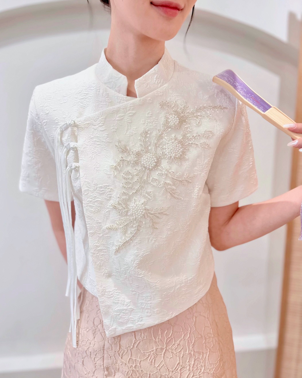 Embroidery Beads Oriental Top CHAMPAGNE/ WHITE/ PINK (M-2XL)