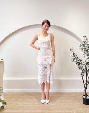 Eyelash Lace Body Fit Slit Midi Dress WHITE/ MAROON (XS-L)