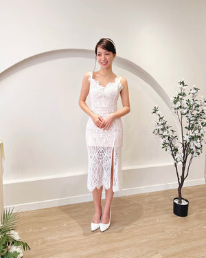Eyelash Lace Body Fit Slit Midi Dress WHITE/ MAROON (XS-L)