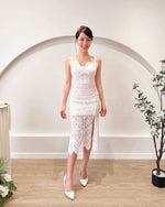 Eyelash Lace Body Fit Slit Midi Dress WHITE/ MAROON (XS-L)