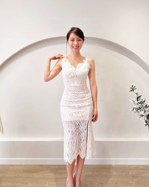 Eyelash Lace Body Fit Slit Midi Dress WHITE/ MAROON (XS-L)