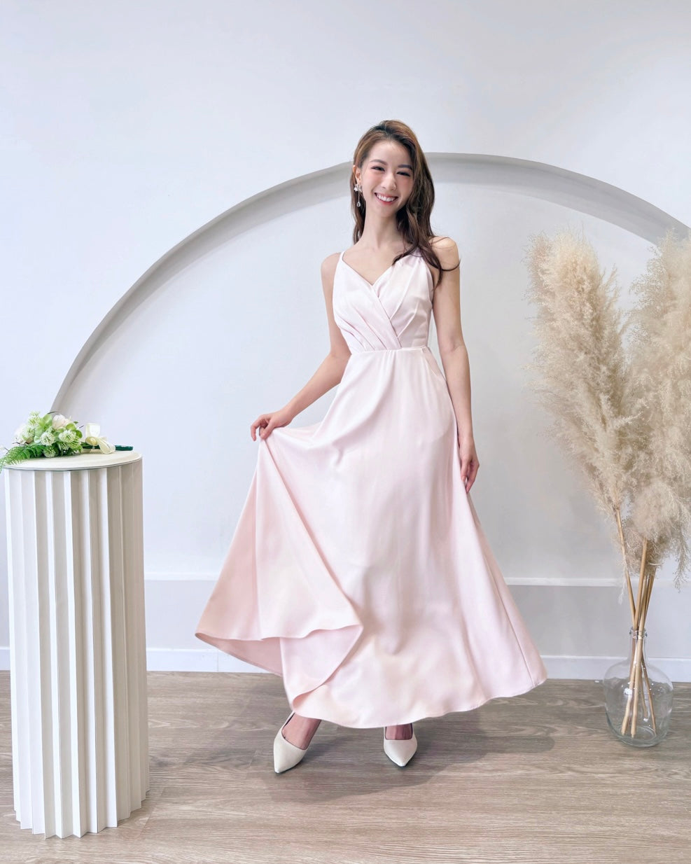 V Spaghetti Straps Pleats Flare Maxi Gown BABY PINK (S-L)