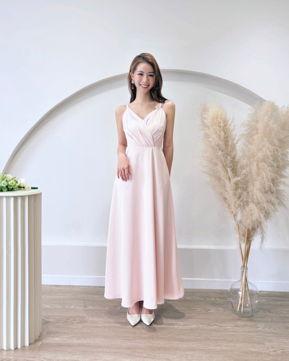 V Spaghetti Straps Pleats Flare Maxi Gown BABY PINK (S-L)