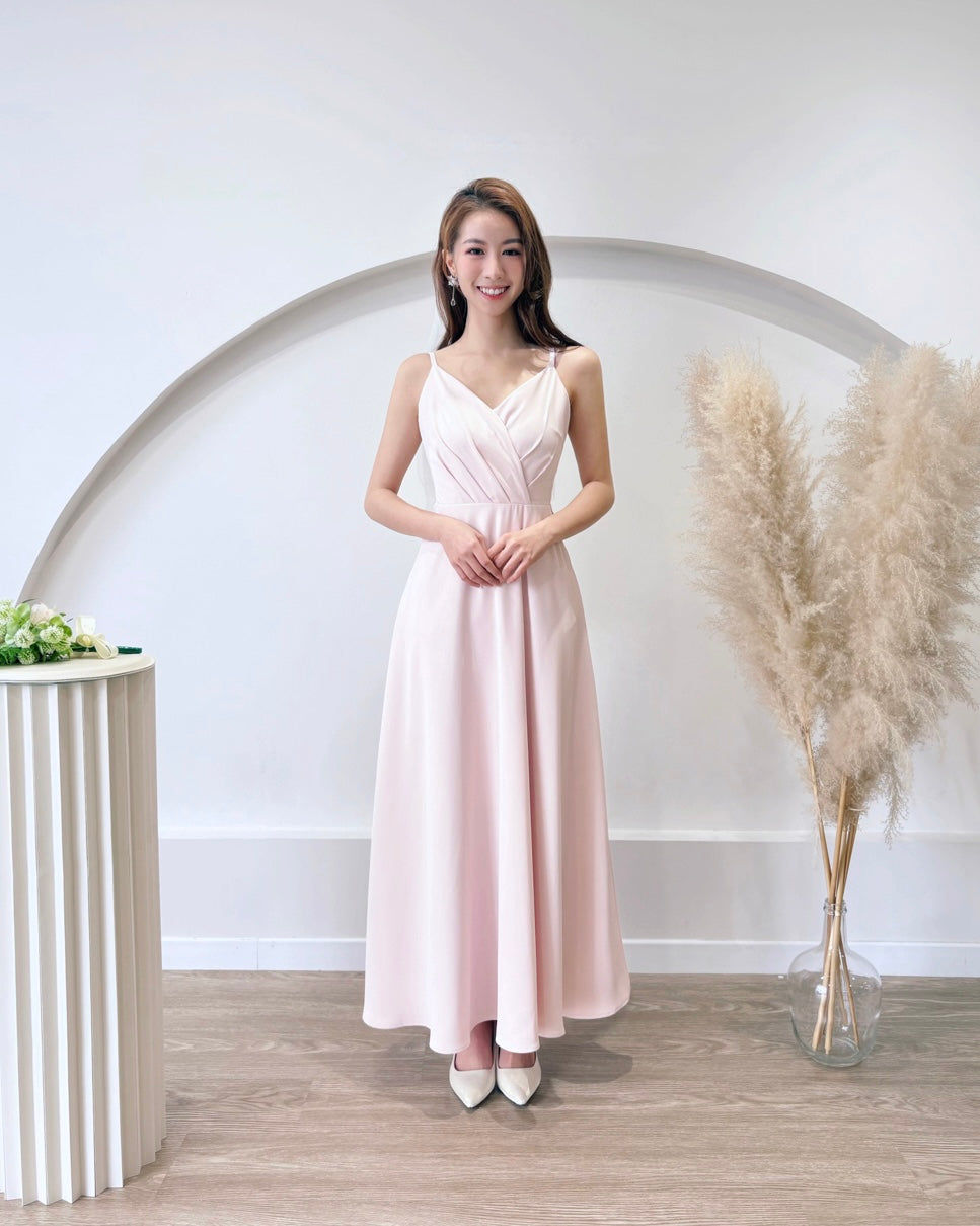 V Spaghetti Straps Pleats Flare Maxi Gown BABY PINK (S-L)