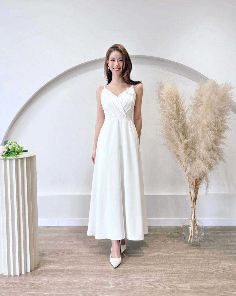 V Spaghetti Straps Pleats Flare Maxi Gown WHITE (XS-L)