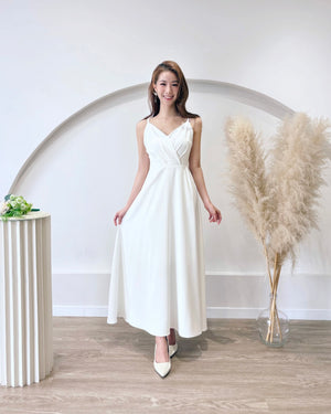 V Spaghetti Straps Pleats Flare Maxi Gown WHITE (XS-L)