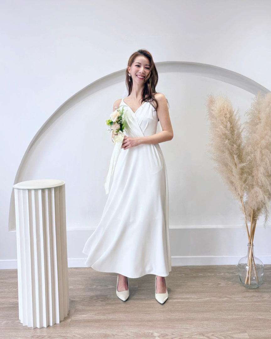 V Spaghetti Straps Pleats Flare Maxi Gown WHITE (XS-L)