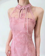 Butterfly Embroidered Mesh Lace Qipao DUSTY PINK/ BURGUNDY (SML)