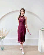 Butterfly Embroidered Mesh Lace Qipao DUSTY PINK/ BURGUNDY (SML)