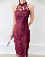 Butterfly Embroidered Mesh Lace Qipao DUSTY PINK/ BURGUNDY (SML)