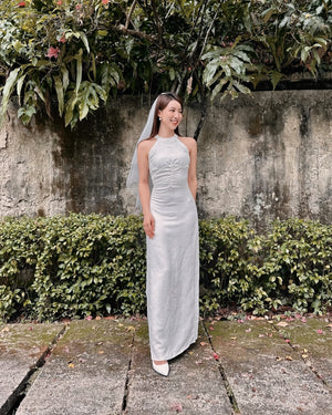Halter Embroidery Lace Body Fit Maxi Gown WHITE (SML)