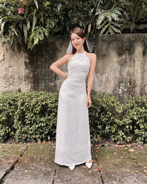 Halter Embroidery Lace Body Fit Maxi Gown WHITE (SML)