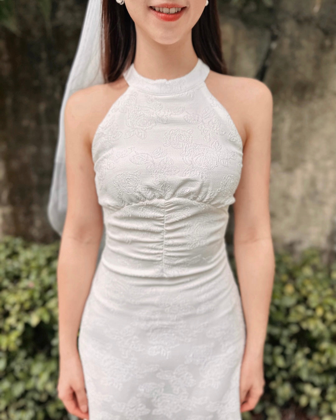 Halter Embroidery Lace Body Fit Maxi Gown WHITE (SML)