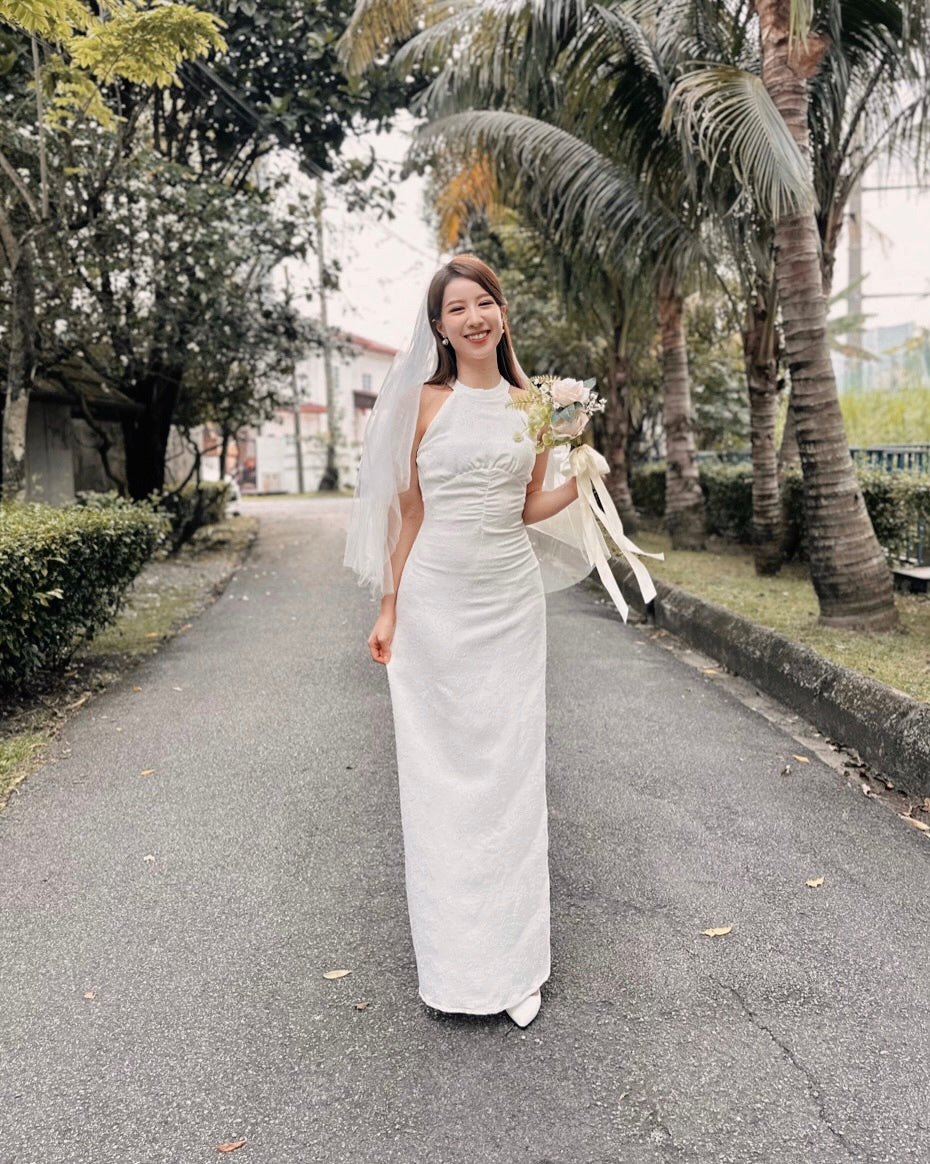 Halter Embroidery Lace Body Fit Maxi Gown WHITE (SML)
