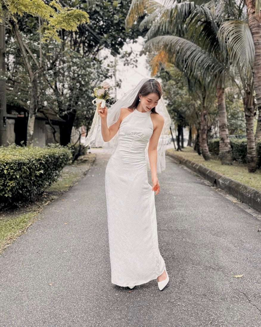Halter Embroidery Lace Body Fit Maxi Gown WHITE (SML)