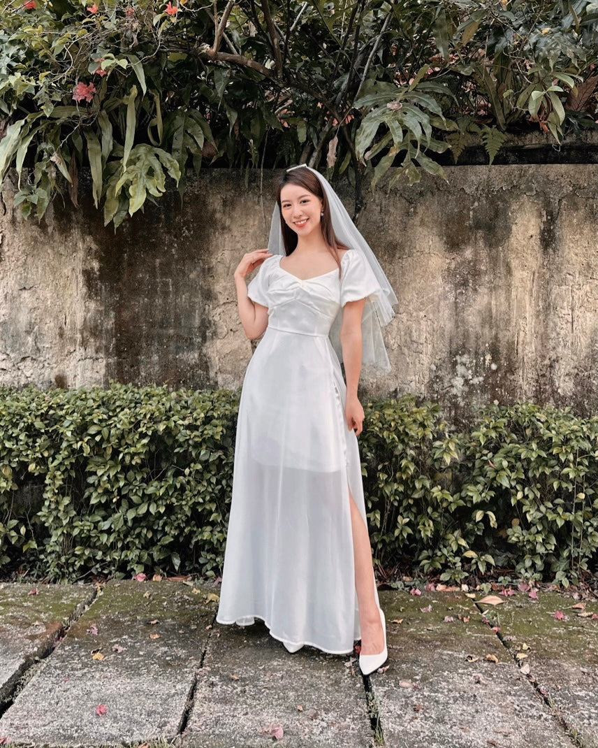 Elastic Puffy Sleeve Knot Design Maxi Gown (SM)