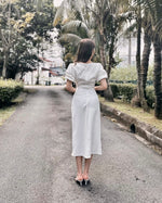 Square Neck Puffy Sleeve Pleats Midi Dress WHITE/ MAROON (S-XL)