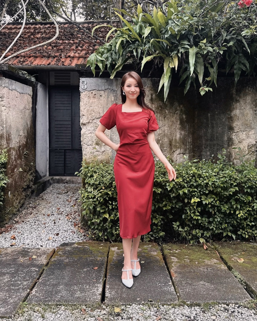 Square Neck Puffy Sleeve Pleats Midi Dress MAROON (S-XL)