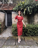 Square Neck Puffy Sleeve Pleats Midi Dress MAROON (S-XL)