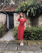 Square Neck Puffy Sleeve Pleats Midi Dress MAROON (S-XL)