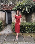 Square Neck Puffy Sleeve Pleats Midi Dress MAROON (S-XL)