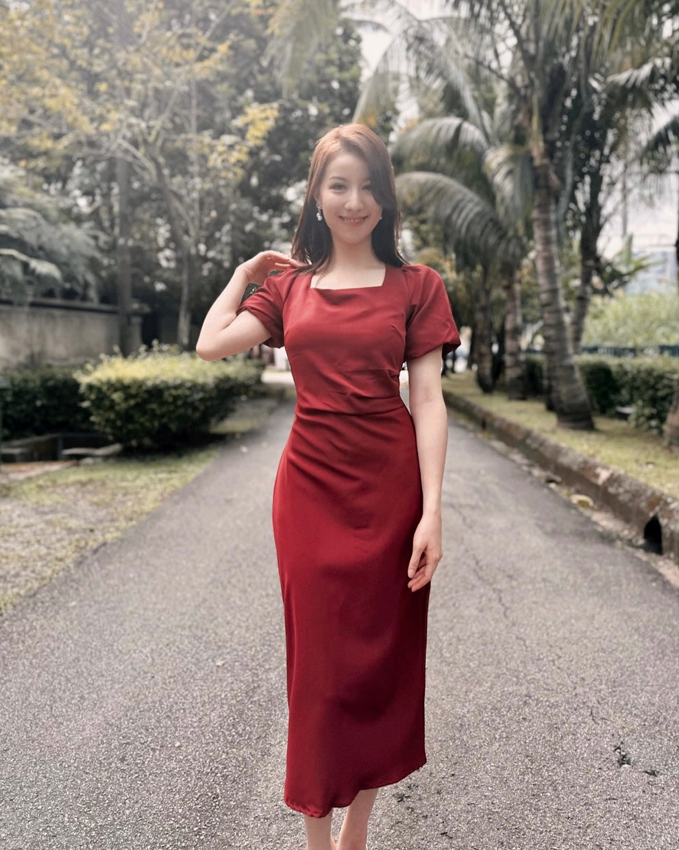 Square Neck Puffy Sleeve Pleats Midi Dress MAROON (S-XL)