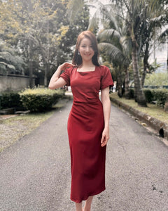 Square Neck Puffy Sleeve Pleats Midi Dress MAROON (S-XL)