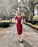 Square Neck Puffy Sleeve Pleats Midi Dress MAROON (S-XL)