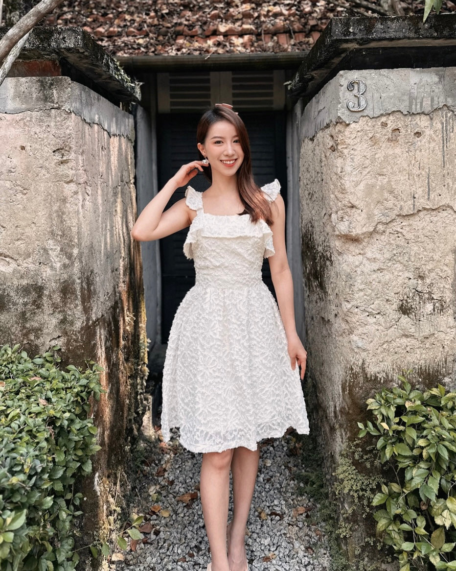 Sleeveless Embroidery Lace Flare Dress IVORY WHITE/ BABY PINK (S-L)