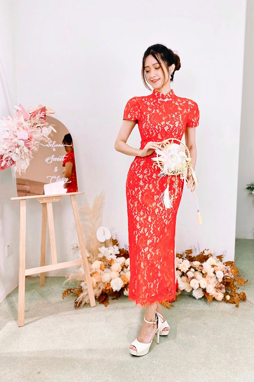 *S&C MADE* Eyelash Lace Bow Design QiPao BRIGHT RED (S-L)