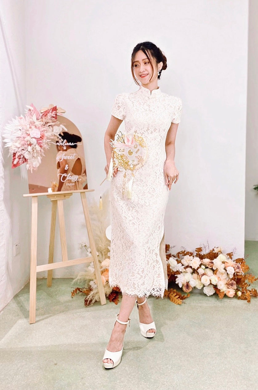*S&C MADE* Eyelash Lace Bow Design QiPao WHITE (S-XL)