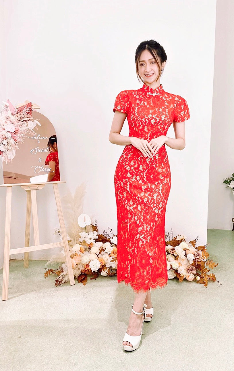 *S&C MADE* Eyelash Lace Bow Design QiPao BRIGHT RED (S-L)