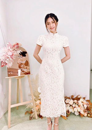 *S&C MADE* Eyelash Lace Bow Design QiPao WHITE (S-XL)