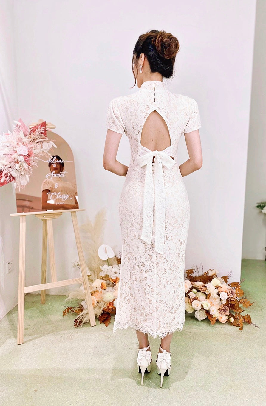 *S&C MADE* Eyelash Lace Bow Design QiPao WHITE (S-XL)