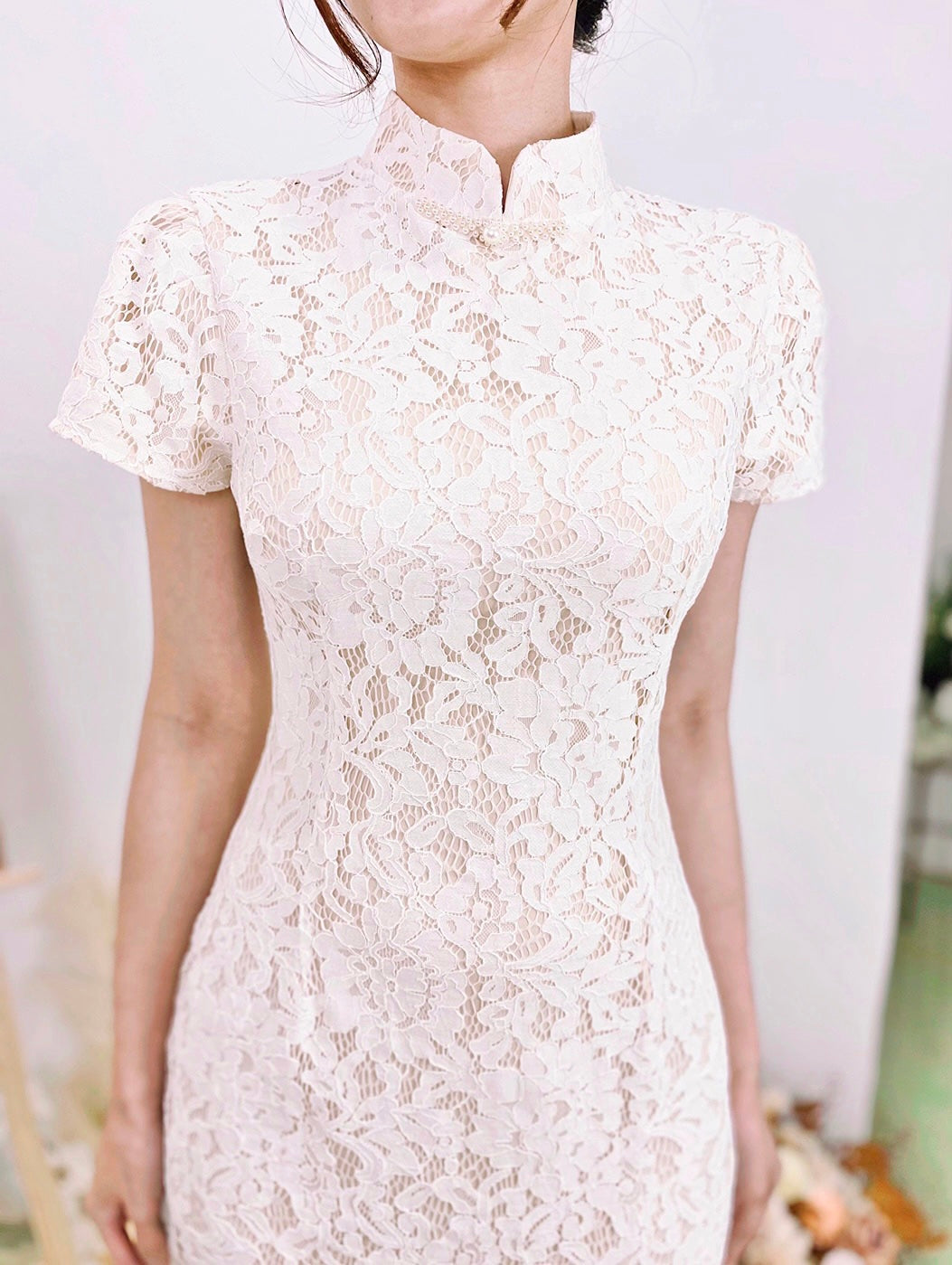 *S&C MADE* Eyelash Lace Bow Design QiPao WHITE (L, XL)