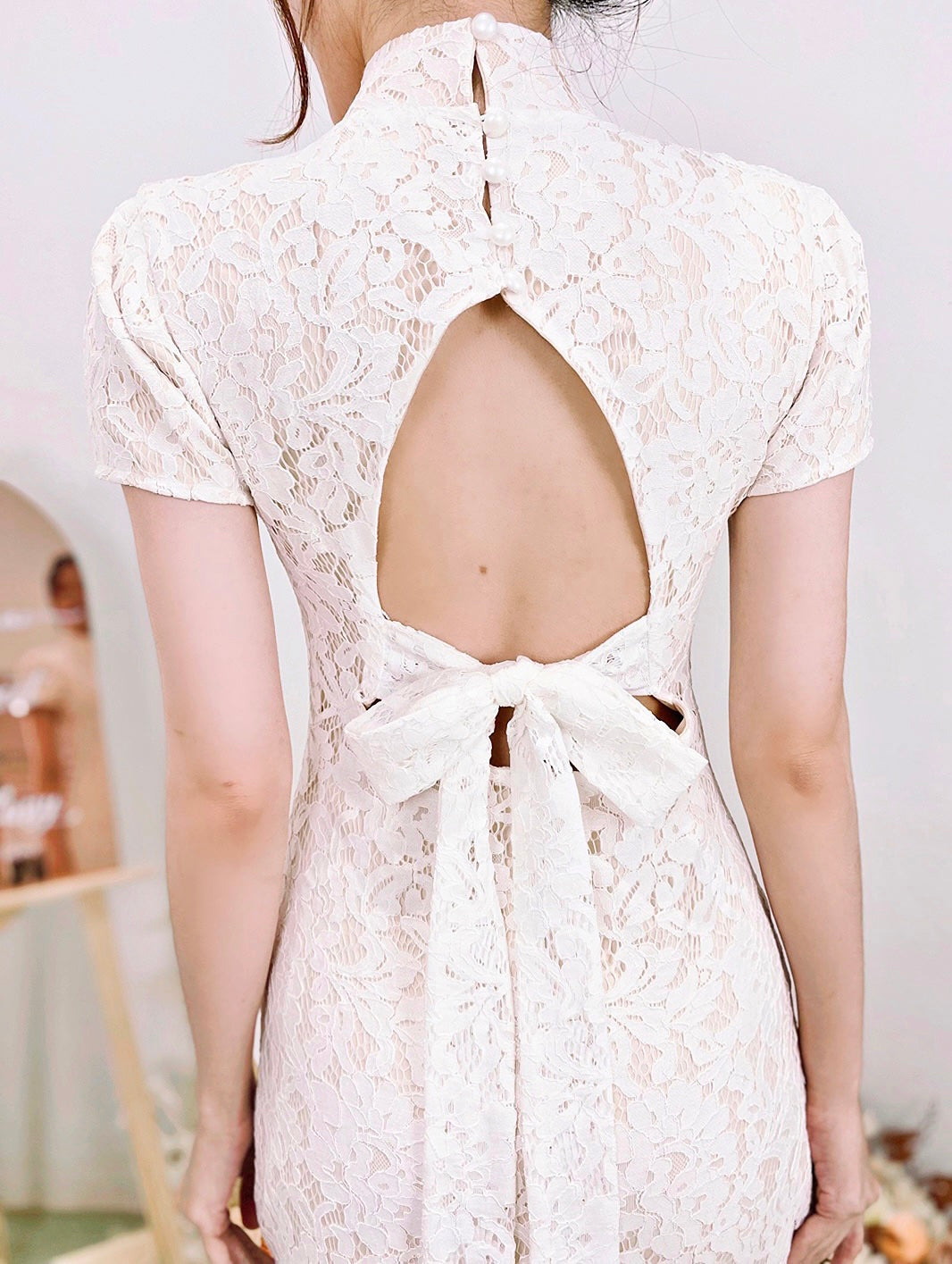 *S&C MADE* Eyelash Lace Bow Design QiPao WHITE (L, XL)