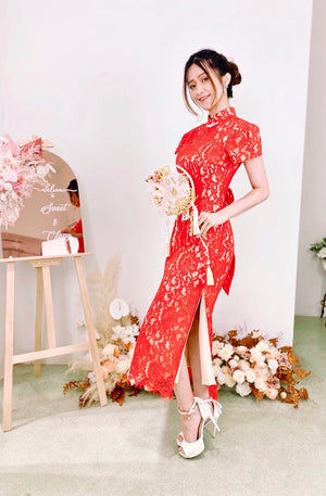 *S&C MADE* Eyelash Lace Bow Design QiPao BRIGHT RED (S-L)