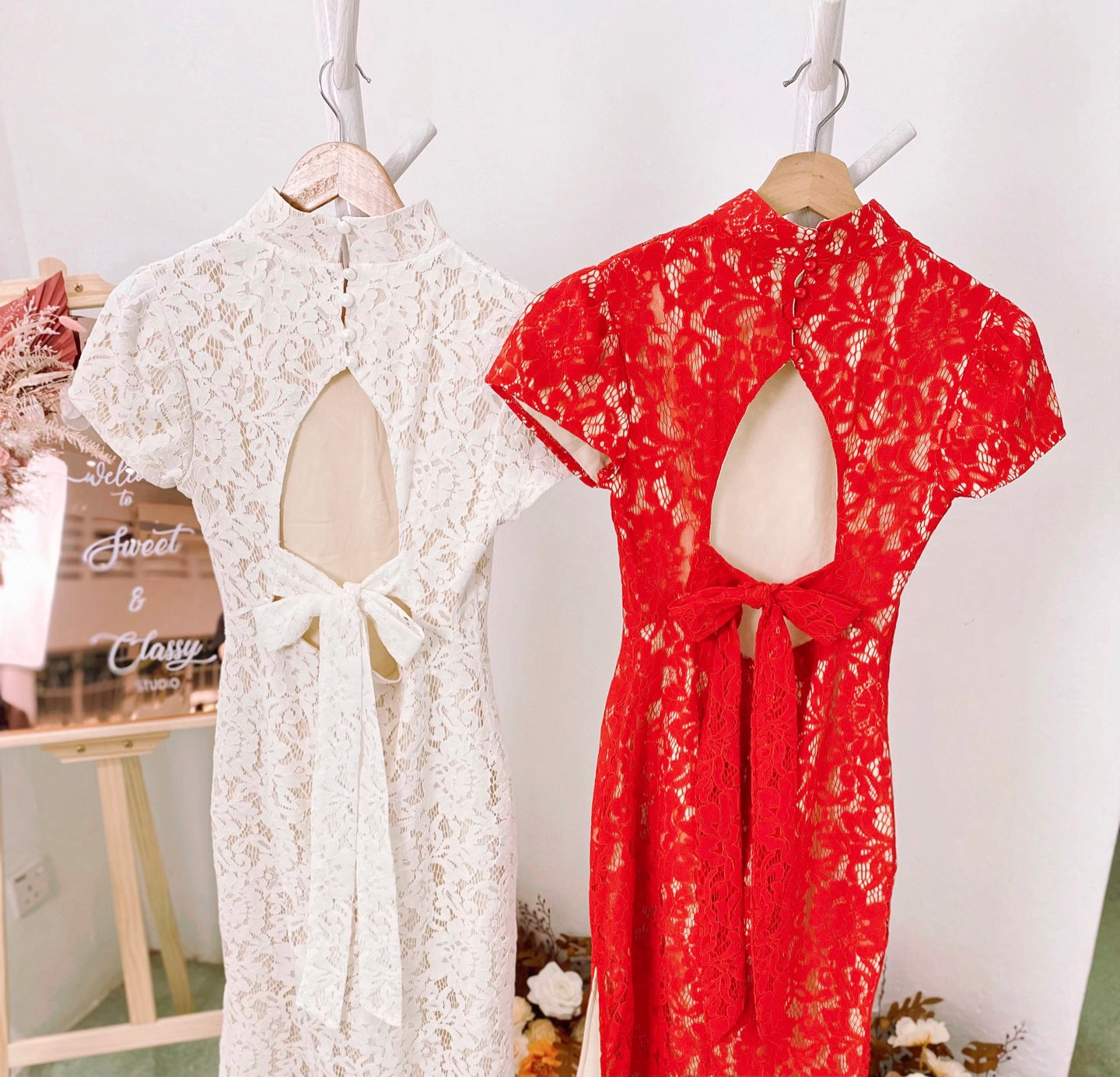 *S&C MADE* Eyelash Lace Bow Design QiPao BRIGHT RED (S-L)