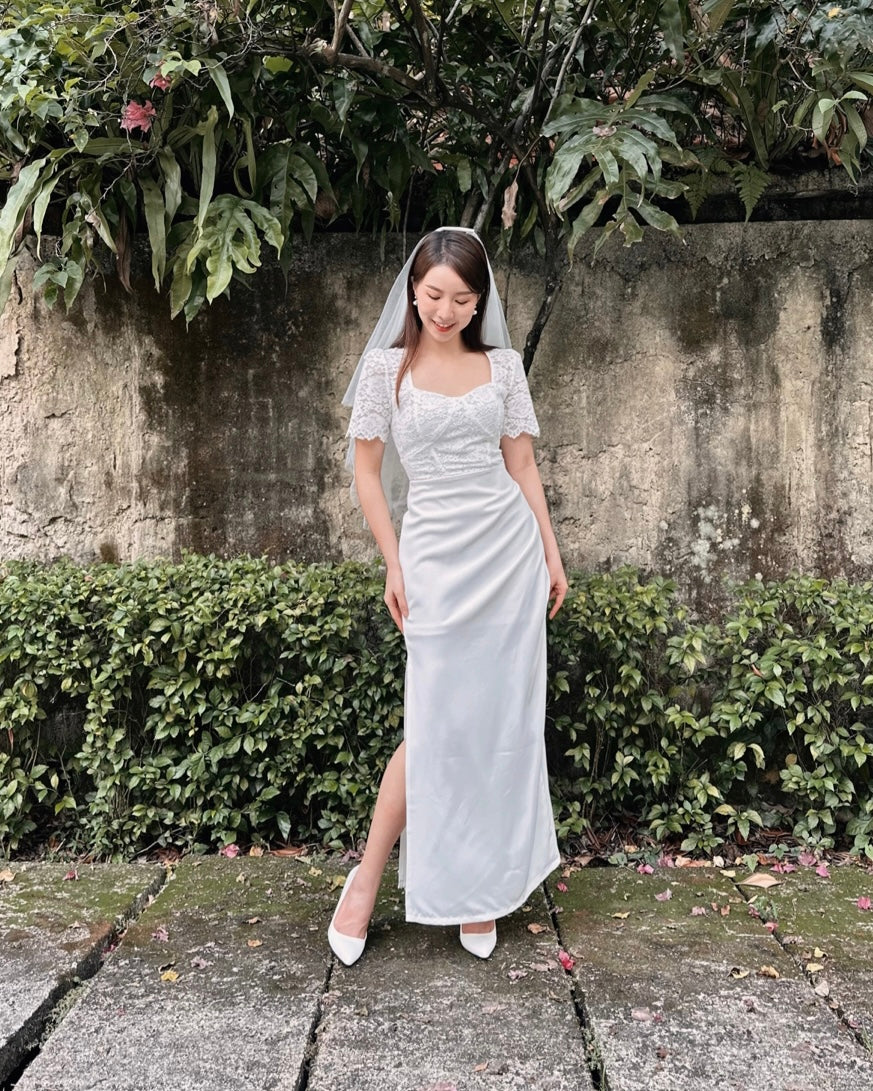 Sweetheart Lacey Pleats Maxi Gown WHITE (SM)