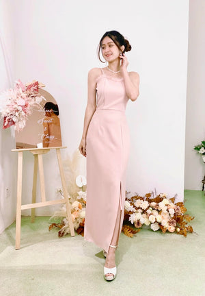 Spaghetti Straps Fur Maxi Dress DUSTY PINK (L)