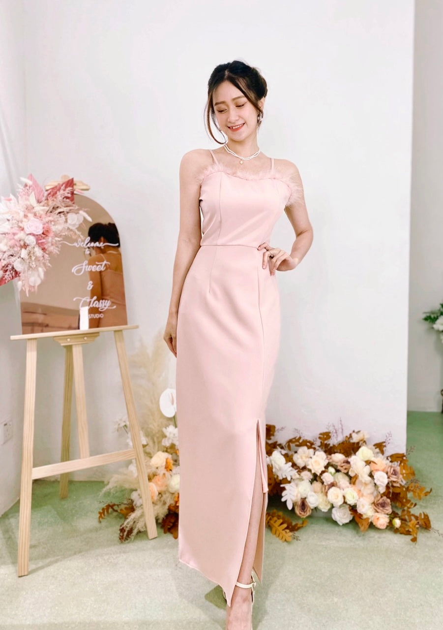 Spaghetti Straps Fur Maxi Dress DUSTY PINK (L)