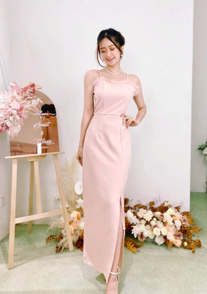 Spaghetti Straps Fur Maxi Dress DUSTY PINK (L)