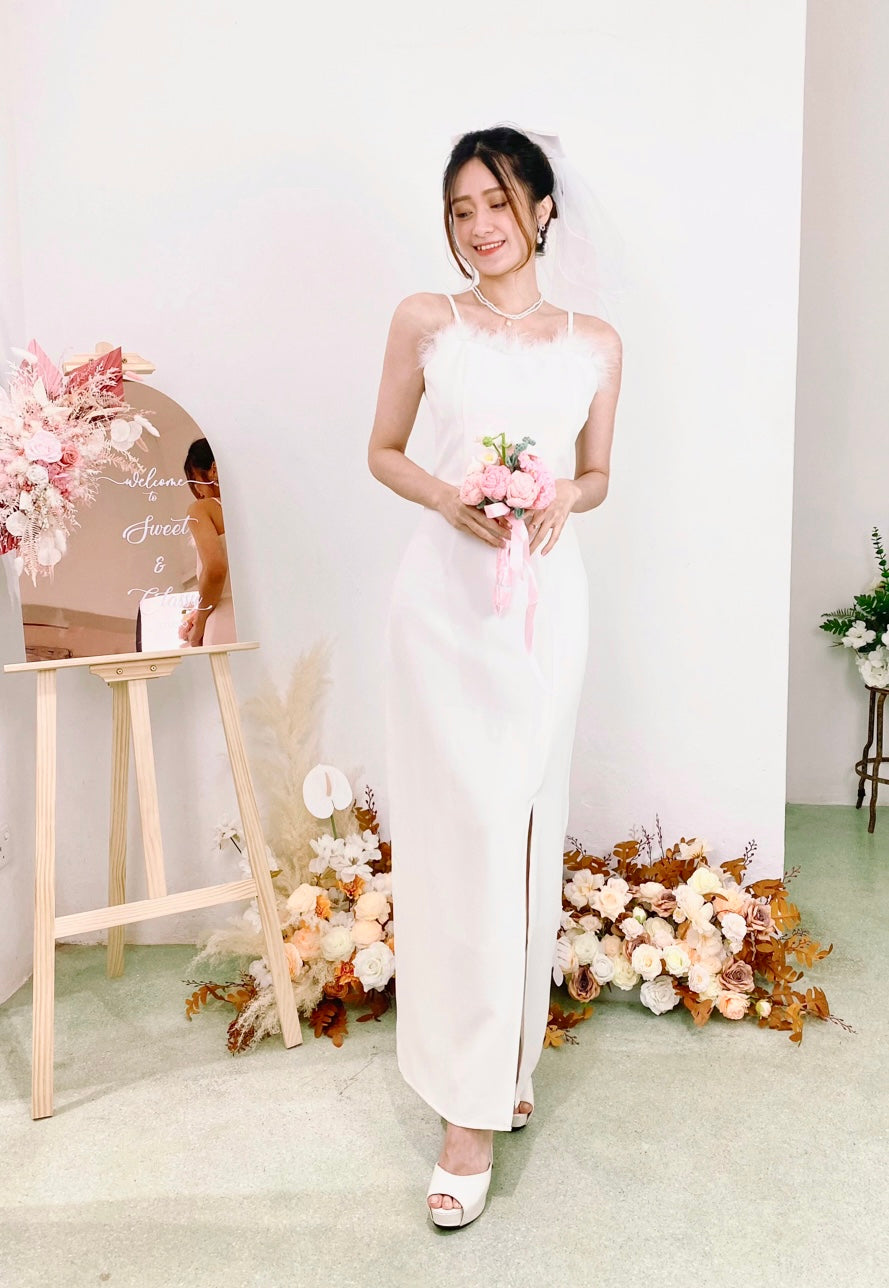Spaghetti Straps Fur Maxi Dress WHITE/ DUSTY PINK (SML)