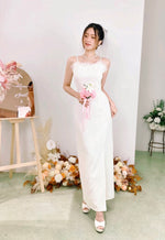 Spaghetti Straps Fur Maxi Dress WHITE/ DUSTY PINK (SML)