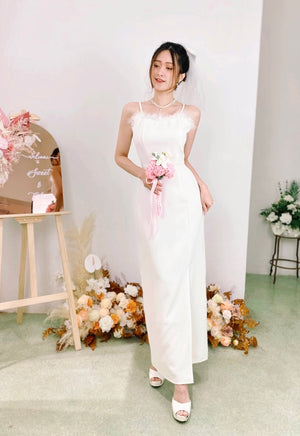 Spaghetti Straps Fur Maxi Dress WHITE/ DUSTY PINK (SML)