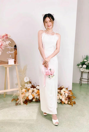 Spaghetti Straps Fur Maxi Dress WHITE/ DUSTY PINK (SML)