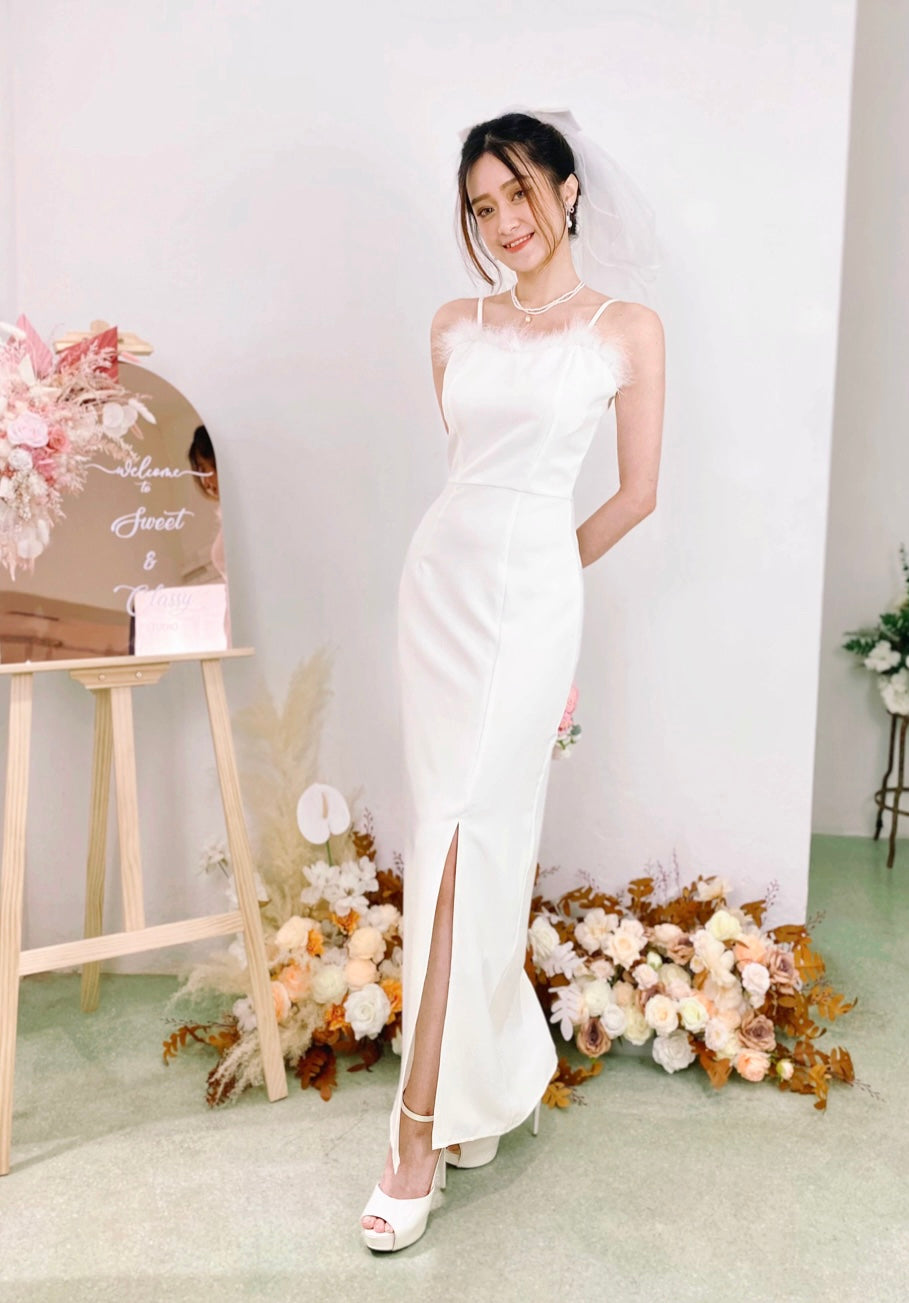Spaghetti Straps Fur Maxi Dress WHITE/ DUSTY PINK (SML)