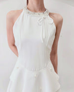 Pearl Design Halter Mini Dress WHITE/ MAROON (SM)