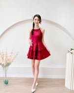 Pearl Design Halter Mini Dress WHITE/ MAROON (SM)