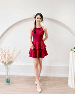 Pearl Design Halter Mini Dress WHITE/ MAROON (SM)